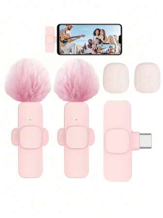 Pink Wireless Lavalier Microphone Mini Portable 2.4GHz Dual Lavalier Microphone Plug And Play Lavalier Microphone With Automatic Noise Cancellation And 60Mah Rechargeable Battery Suitable For Video Recording Live Broadcasting, Interviews