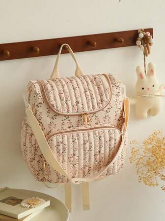 1 pieza Bolso de pañales multifuncional de gran capacidad con estampado floral ditsy, se puede colgar en el cochecito