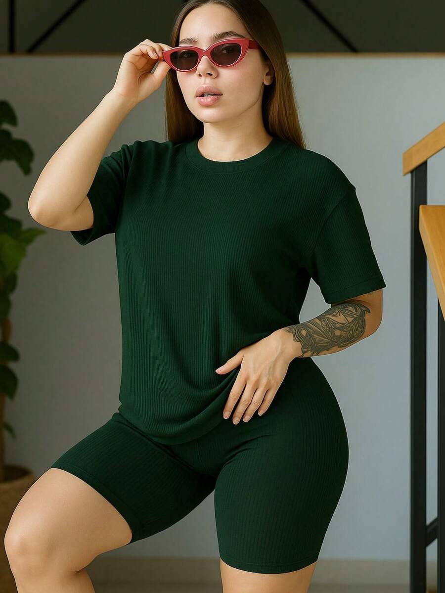 Set playera larga shorts biker dama juvenil fresco cómoda casual informal casa loungewear conjunto básico México - Verde Oscuro - Ver 1