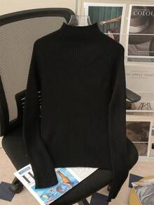 Women's Elegant Basic Sweater, Half-Turtleneck Long Sleeve Knit Top For Autumn/Winter - Black - View 9