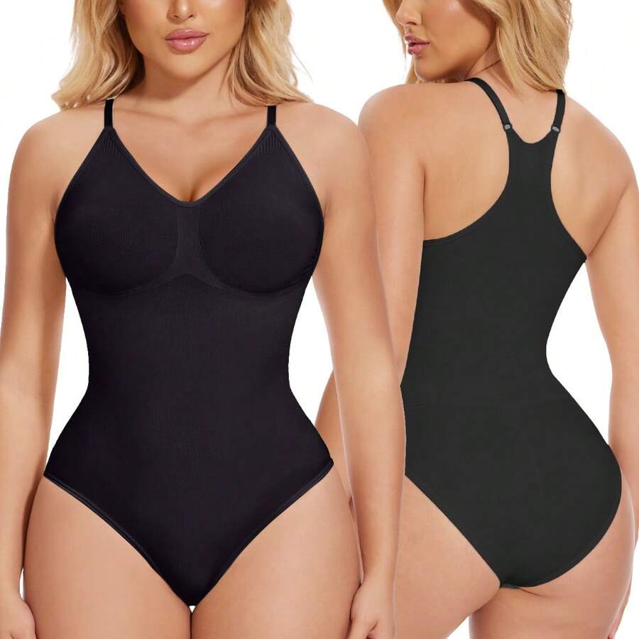 Racerback Shapewear Bodysuits For Women Tummy Control Abdomen Compression Body Shaper Tank Top Seamless Underwear V-Neck Undershirts Shirts Lingerie Vest Spaghetti Strap Sleeveless - 黑色 - 查看 1
