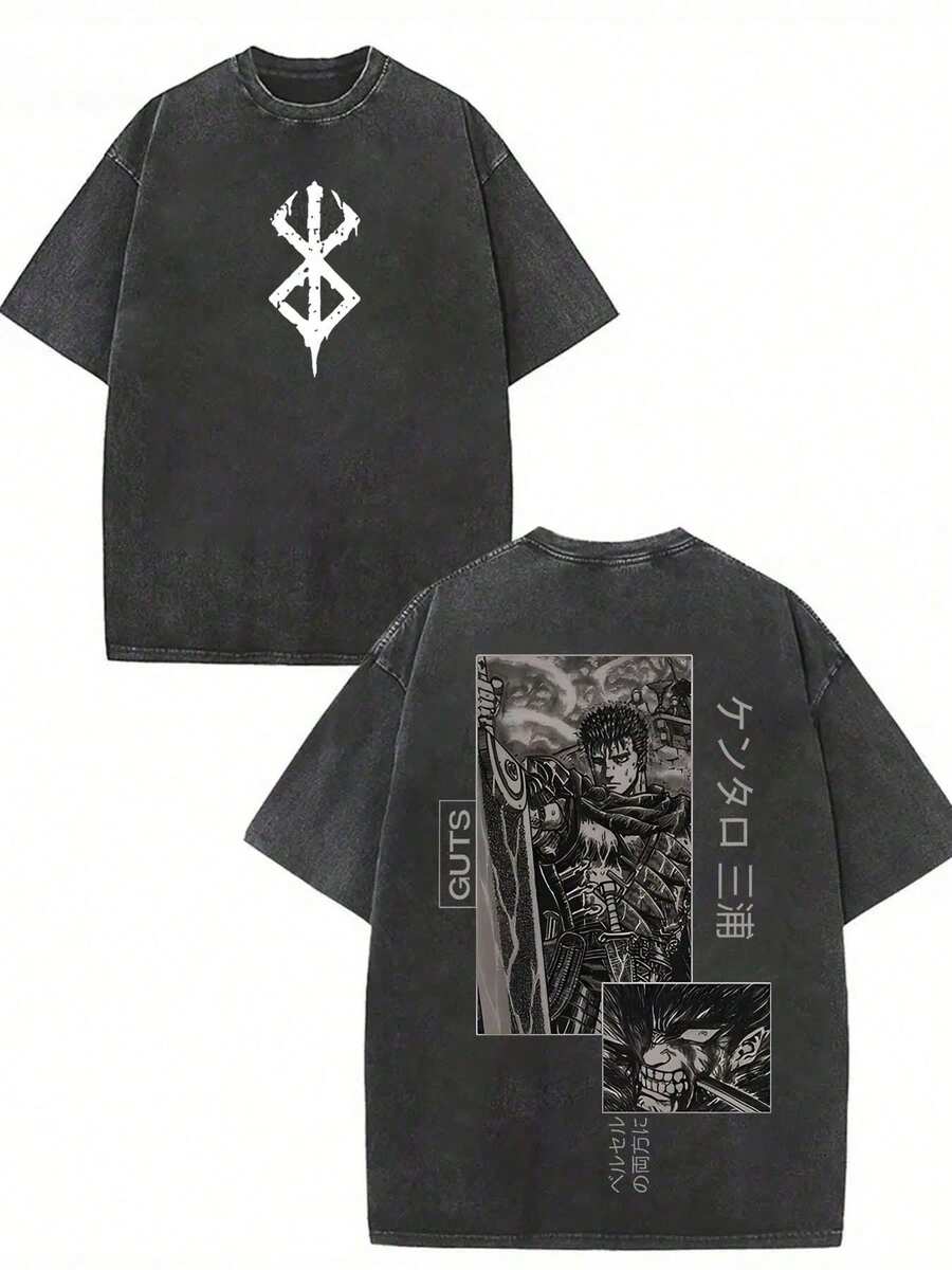 1PCS Double-Sided Graphic Tee With Manga Pattern American Fashion Washed T-Shirt,Printed Retro T-Shirt,Suitable For Outdoor Wear In Summer - 黑色 - 查看 1
