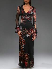 Women's Ruffle Front Pleated Sleeve Leopard Rose Print Fitted Sexy Maxi Dress - Black - View 2