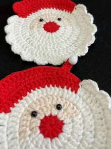 2/4pcs Handmade Crochet Santa Claus Coaster - Festive Red & White Christmas Decor, Fabric Drink Coaster For Holiday Table Setting, Hand Wash Only, Unique Christmas Gift - Multicolor - View 7