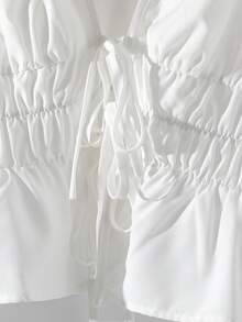 Women's Fashion Bestselling Versatile Elegant V-Neck Waist Tie Cinched Waist Slim Fit Solid Color Long Sleeve White Blouse, Spring/Autumn