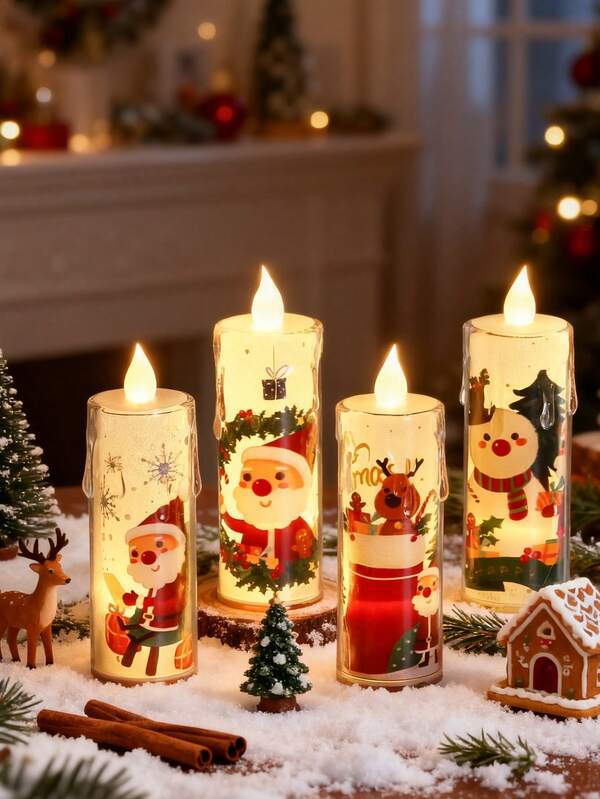 4 Stück/1 Set Weihnachts-LED-Elektronische Kerzenlichte, Weihnachtsmann flammenlose Nachtlichter, Szenen-Dekorationsobjekte, Feiertags-Kerzen, mit kristallartiger blinkender Spitze - batteriebetriebene flammenlose Teelichter, Design beinhaltet Weihnachtsmann, Rentier und Schneemänner, warmweißes Licht geeignet für Innen- und Außenweihnachtsdekoration, Tisch-Nachtlichter, Außendekoration, Innendekoration, Dekorationsbeleuchtung, Weihnachtsdekoration, Innenraumdekoration Weihnachten, Winterweihnachtsdekoration Zuhause, Weihnachtsgeschenke, Weihnachtsdekoration