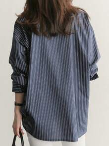 Nueva camisa BF de manga larga con rayas verticales azules veraniegas, estilo universitario, corte holgado, camisa moderna y versátil. - Azul - Ver 3