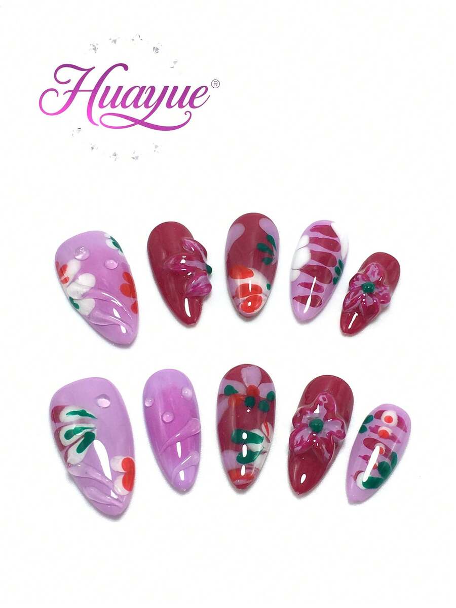 10 Pieces Of 2.5 Cm Handmade Almond-Shaped Nail Tips, Beach Essentials, Nail Patch, Press-On Nails, Nails, Supplies, Summer Nails, Press-On Acrylic Nails, Long Nails, With Pink Flowers, Strawberries, Leaves, Blush, 3D Carved Designs, French Tips, Gradient Colors, Suitable For Various Occasions Such As Beach
