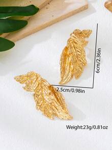 2pcs Fashionable Minimalist Textured Leaf Design Earrings, Suitable For Women's Daily, Date, Holiday And Party Wear - Yellow Gold - View 2