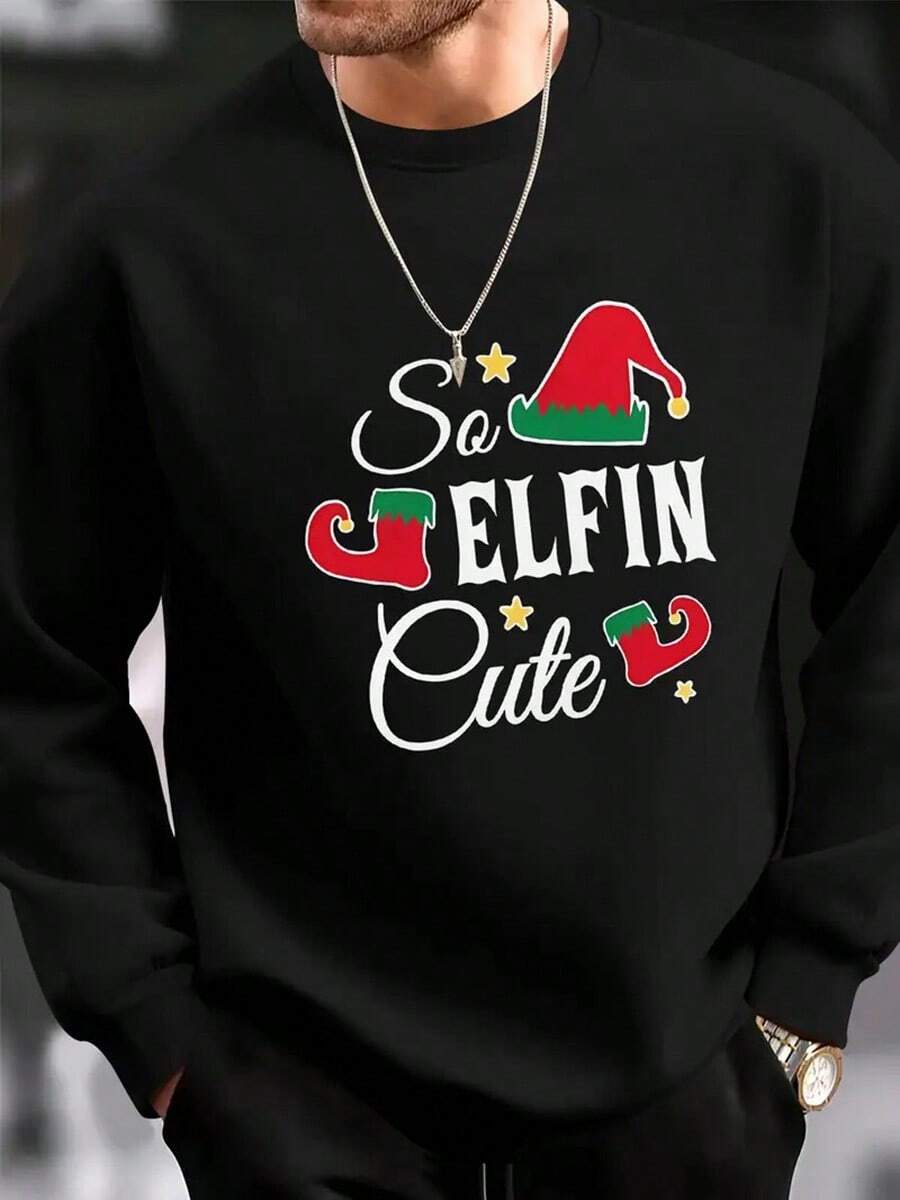 Men's Festive Se Elfin Cute Holiday Graphic Sweatshirt - Black Knit Pullover With Santa Hat & Candy Canes Design, Casual Round Neck, Machine Washable,Fall Hoodies,Men's Fall Clothes,Street Wear,Halloween,Mens Hoodies,Y2k Clothes,Jesus Hoodie,Thanksgiving Day,Nightmare Before Christmas,Christmas - màu đen - Xem 1