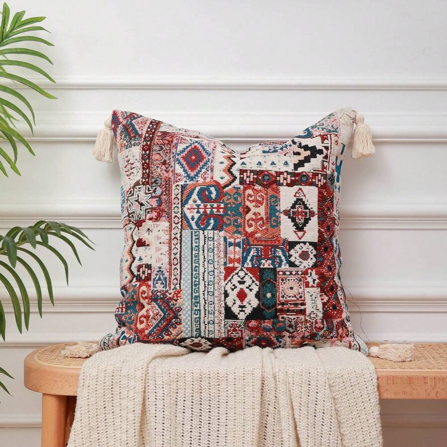 1 funda de almohada bohemia con estilo turco y de Oriente Medio, borlas y pompones para decoración de sofá, funda de almohada de jacquard con tejido de copo de nieve
