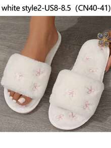 1pair Women's Cozy Faux Fur Slip-On Slippers With Pink Bow Embroidery - Stylish All-Season Indoor Flat Shoes, Casual Comfort Wear, Hand Washable, Casual Footwear | Stylish Slippers | Soft Texture,Women's Faux Fur Embroidered Slippers With Pockets, Sole For Noise Reduction, All-Season Indoor House Shoes, Ladies Slippers, Comfortable Footwear, Elegant Slipper Design