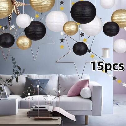 15pcs Paper Lanterns Decorative, Hanging Paper Lanterns Indoor Outdoor Round Paper Lanterns Decorations Used For Graduation Anniversary Birthday Party Supplies