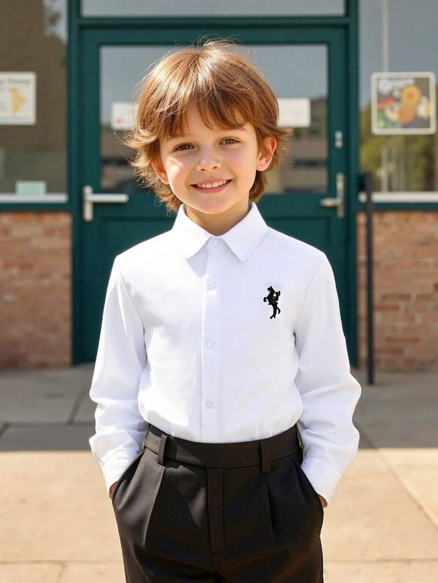 男童及儿童经典白色刺绣长袖衬衫，正式着装，适合休闲聚会、花童及各种正式场合。