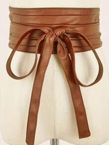 1 件女士休闲纯色 PU 打结腰带，复古棕色系带腰带，波西米亚优雅宽腰带，适合礼服、派对、音乐节