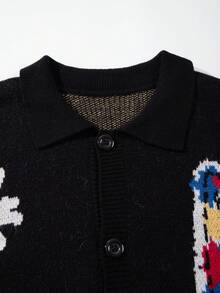 ANDREILEE Men's Casual Loose Solid Color Cardigan Sweater With Heart, Wave, Letter Graphic, V-Neck, Button Front, Long Sleeve, Knit Top For Autumn/Winter - Black - View 4