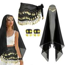 Belly Dance Set Belly Dance Chiffon Hip Scarf, Bandana Wrist Bracelet Dance Accessories With Gold Coins - Multicolor - View 5