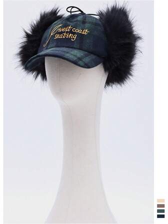 1 st retro rutig fuskpäls hörselskyddande basebollkeps, trendig pilothatt för kvinnor, varm luddig trapperhatt för män, rutig pälsklädd basebollkeps, snygg gatukläder snapback för kvinnor på hösten/vintern