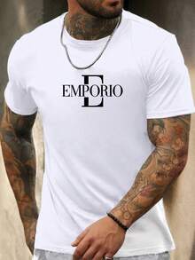 Men's Casual T-Shirt, 100% Cotton Tshirt, Men'S EMPORIO Graphic T-Shirt - White Casual Summer Tee With Bold Black Lettering, Short Sleeve, Round Neck, Lightweight & Breathable Fabric For Casual Attire, Breathable Clothing Bold Graphic Tee Comfortable Fit The Perfect Gift For A Man All-Season Cotton Fabric T-Shirt Fashionable Men's T-Shirt - White - View 1