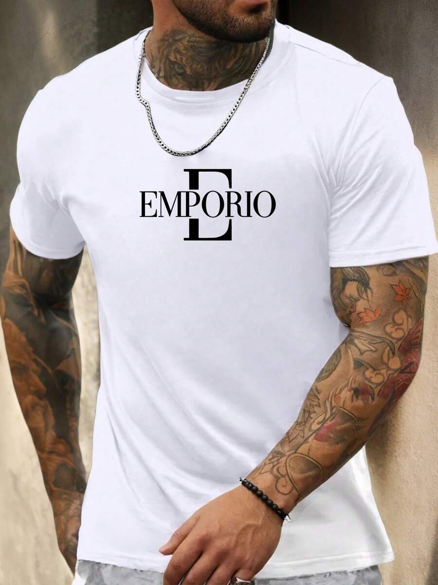 Men's Casual T-Shirt, 100% Cotton Tshirt, Men'S EMPORIO Graphic T-Shirt - White Casual Summer Tee With Bold Black Lettering, Short Sleeve, Round Neck, Lightweight & Breathable Fabric For Casual Attire, Breathable Clothing Bold Graphic Tee Comfortable Fit The Perfect Gift For A Man All-Season Cotton Fabric T-Shirt Fashionable Men's T-Shirt - White - View 1