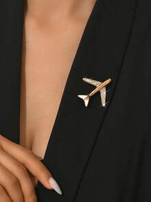 1 pieza Broche con diseño de avión con strass premium, accesorio estiloso para trajes y chaquetas de hombre - Dorado - Ver 2