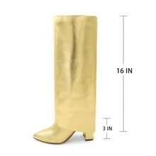 lunryet Knee High Boots Women Fold Over Knee High Boots Chunky High Heels Long Boots Zipper Pointed Toe Dress Tall Boots For Women SHAFT-1 - 金色 - 查看 4