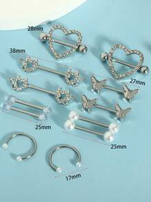 Set de 12 piezas de 14G Anillos para pezones de acero quirúrgico para mujeres con corazones de circonita y mariposas, un regalo ideal para San Valentín, Mamá, Madre, Día de la Madre - mezclar anillo de pezón - Ver 15