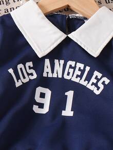 2 件套女童休闲学院风字母印花翻领运动衫和百褶裙套装，春秋季 - 藏蓝色 - 查看 4