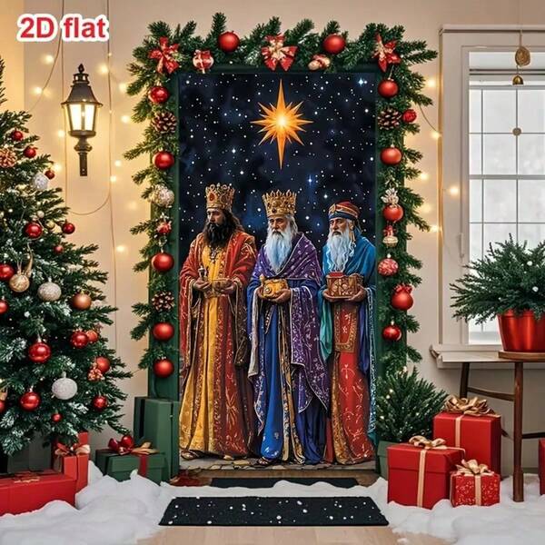 1 pièce Bannière de porte en polyester 2D pour la Fête des Rois, décoration polyvalente pour les fêtes, 90 x 180 cm, sans électricité nécessaire, convient pour la maison, le porche, le jardin, les célébrations de l'automne/hiver