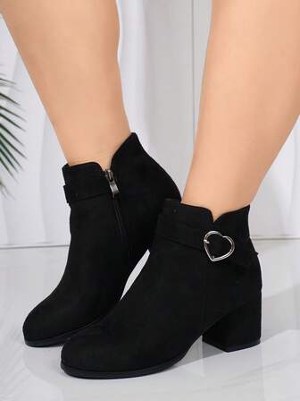 Plus Size Women's Chunky Heel High Heel Solid Black Casual Side Zipper Heart Decor Strap Ankle Boots, Comfortable Short Boots
