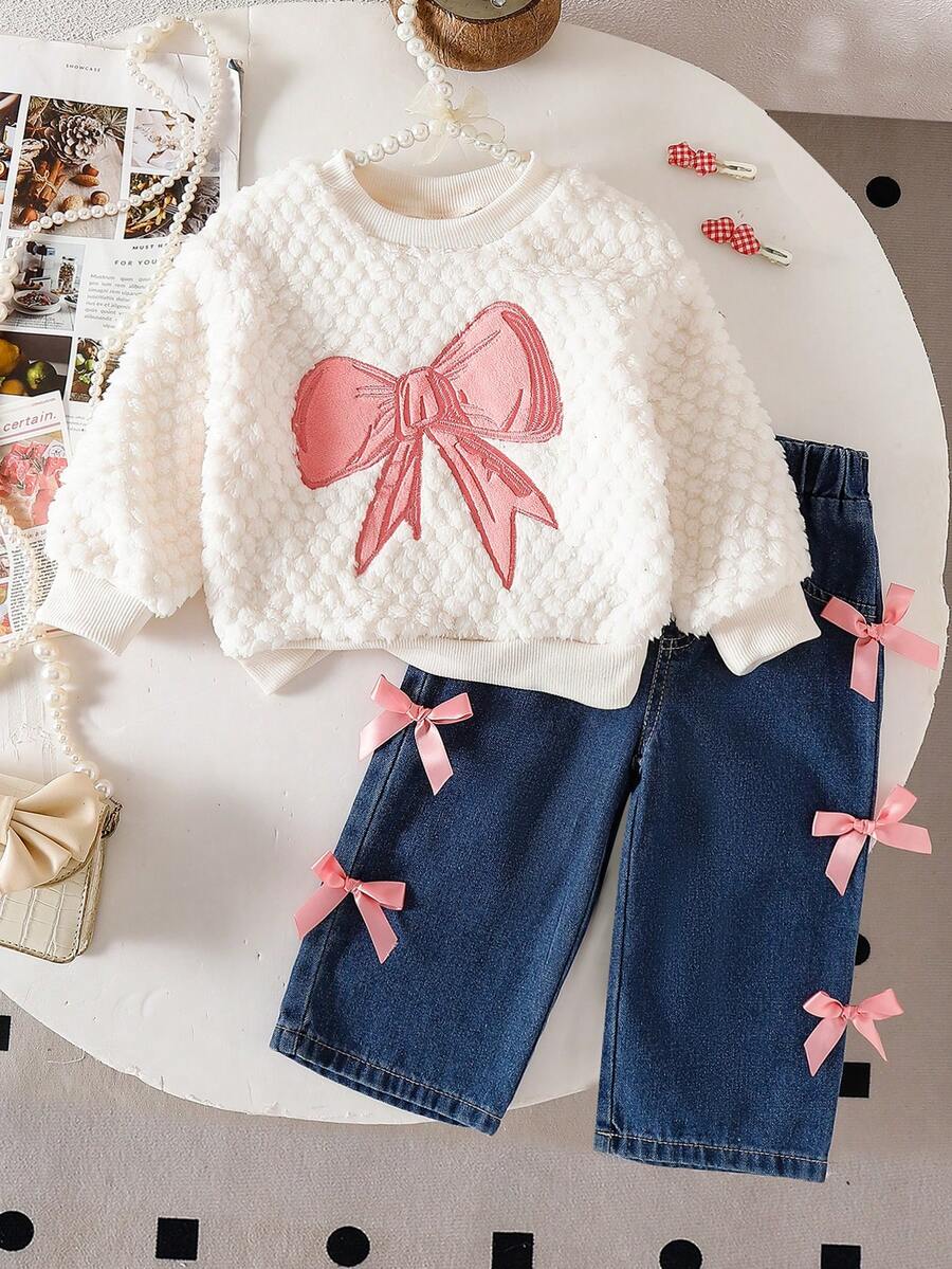 2 Stücke Baby Mädchen Schmetterling bestickte flauschige Langarm Sweatshirts und rosa 3D Schleife Jeans Hosen, modisch und vielseitig als Streetwear