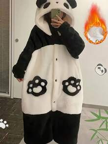Autumn And Winter Cartoon Nightgown Plush And Thick Cute Panda Plush Hooded Nightgown Capibara Home Comfortable Leisure Warm Mid-Length Jumpsuit Home Clothes - 黑與白 - 查看 1