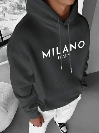 Men's Creative Print Italian Style Casual Pullover Hoodie Sweatshirt With Thermal Lined, Letter Graphic Design, Versatile For Sports And Commute, Emo Style, 2000s Style, For Fall Winter, Long Sleeve Top