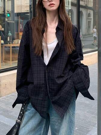 Vintage Plaid Shirt For Women, Korean Style Loose Design Long Sleeve Jacket/Outer Wear, Autumn