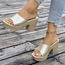 Women's Summer New Fashion Metallic Color Open Toe Slip-On Casual Vacation Beach Platform High Heel Sandals