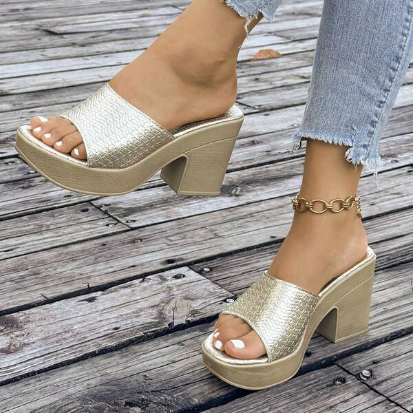 Women's Summer New Fashion Metallic Color Open Toe Slip-On Casual Vacation Beach Platform High Heel Sandals