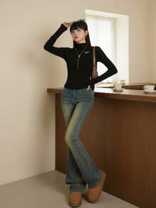 YEAE | 女士性感长喇叭牛仔裤，紧身版型，中等弹力牛仔布 - 霧霾藍 - 查看 2