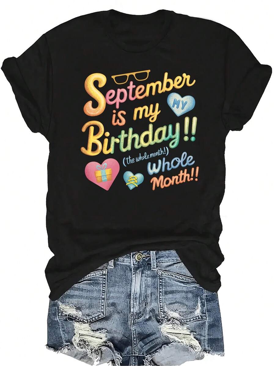 [Camiseta de moda casual] Camiseta suave y cómoda para mujer - Celebración del cumpleaños de septiembre Casual de manga corta y cuello redondo, regalo perfecto para la abuela y la mamá, uso casual de primavera y verano - Negro - Ver 1