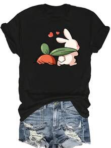 [Camiseta de Moda Casual] Camiseta de mujer suave y cómoda - Camiseta de manga corta de cuello redondo con diseño casual de conejito y zanahoria, regalo perfecto para la abuela y la mamá, uso casual de primavera y verano - Negro - Ver 1