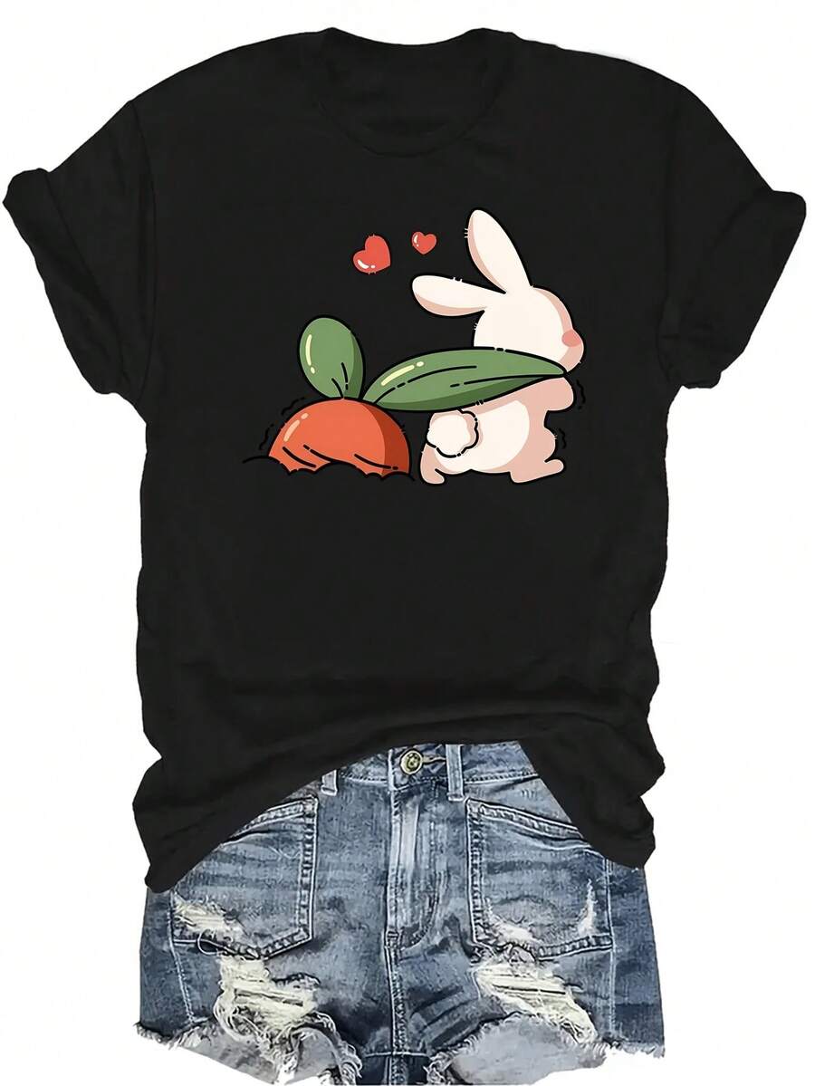 [Camiseta de Moda Casual] Camiseta de mujer suave y cómoda - Camiseta de manga corta de cuello redondo con diseño casual de conejito y zanahoria, regalo perfecto para la abuela y la mamá, uso casual de primavera y verano - Negro - Ver 1