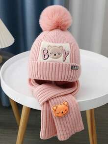 2pcs Teddy Bear Knit Hat & Scarf Set, Thick Warm Knitted Beanie, Suitable For Outdoor Use In Winter, Holiday Outfit, Comfortable Winter Holiday, Washable, Warm Fabric, Winter Accessory, Holiday Outfit Autumn Decor