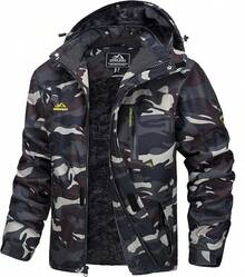 MAGCOMSEN Chamarra Hombre Invierno Impermeable Rompevientos Cálida Chamarras de Esquí de nieve Parka de Forro Polar con Capucha y bolsillos - Verde Ejército Camuflaje - Ver 2