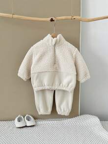 2pcs/Set Baby Boys/Girls Casual Color Block Sherpa Fleece Zip-Up Hoodie And Pants Thick Warm Set, Winter - Apricot - View 3