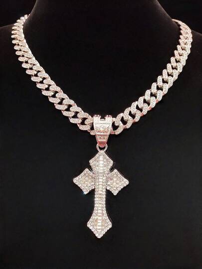 1件时尚创意十字架吊坠，配13毫米迈阿密链，男士嘻哈摇滚街头风十字架吊坠项链，朋克项链，适合日常佩戴或派对，情人节礼物，2种链条可选