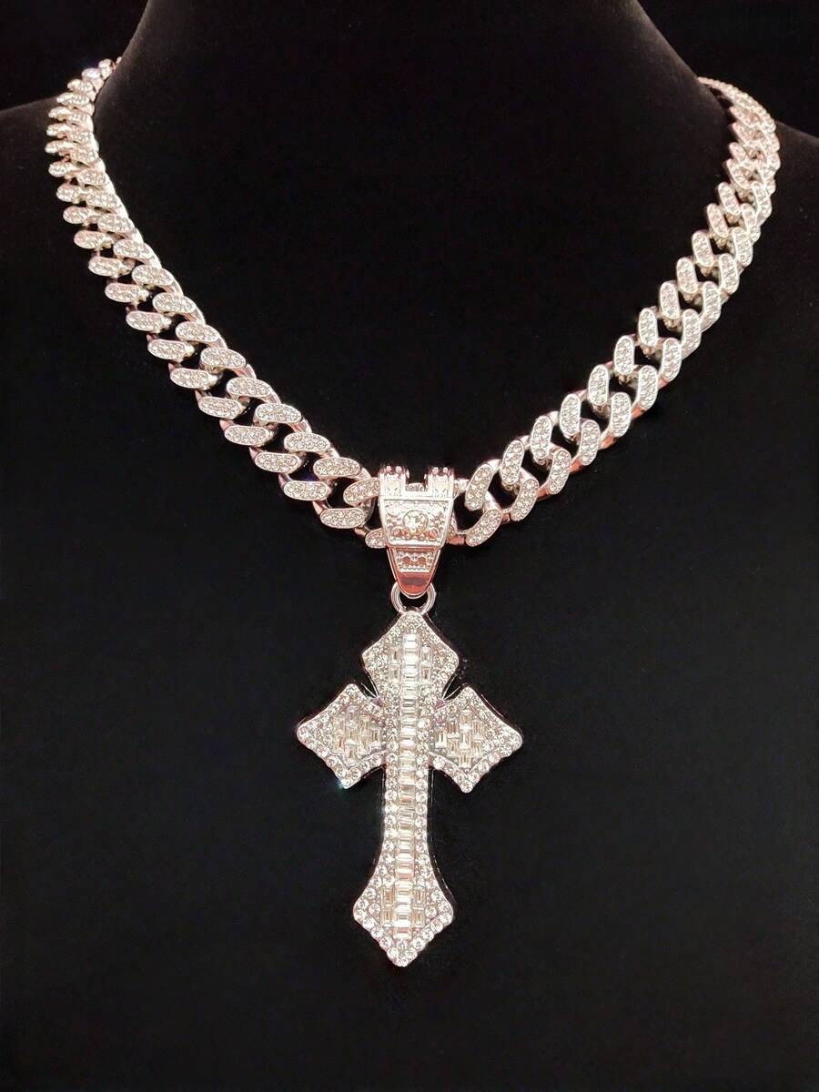 1pc Fashion Creative Cross Shaped Pendant With 13mm Miami Cuban Chain, Men's Hip Hop Rock Street Style Cross Pendant Necklace, Punk Necklace Suitable For Daily Wear Or Party, Valentine's Day Gift, 2 Chain Options - Silver - View 1