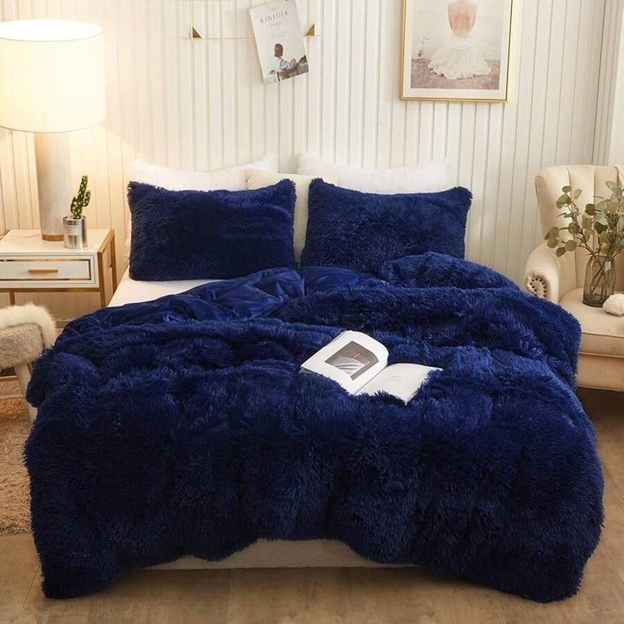 Plush Shaggy Duvet Cover Set, Ultra Soft Fluffy Bedding Sets 3 Pieces (1 Fuzzy Comforter Cover + 2 Pillow Cases), Zipper Close (, Pink), Luxury Bedding - 海軍藍 - 查看 1