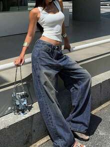 Y2K风格女式直筒宽松破洞牛仔裤，低腰水洗蓝色阔腿裤，休闲优雅下装，街头时尚春季单品 - 深色水洗藍 - 查看 3
