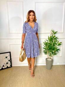 Women's Casual Elegant Printed Dress In Romantic Fabric - 寶藍色 - 查看 4