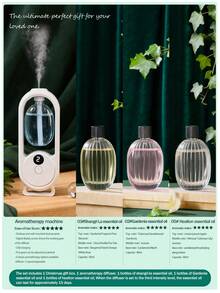 Un diffuseur d'arômes intelligent blanc, diffuseur d'huiles essentielles pour la maison au design minimaliste et moderne, avec 5 modes de fonctionnement et un éclairage ambiant romantique et coloré. Rechargeable par USB. Disponible avec un choix de sets d'huiles essentielles parfumées de 1 ou 3 bouteilles. Convient pour les chambres à coucher, les salons, les bureaux, les pièces pour animaux de compagnie et la désodorisation de la salle de bain. Également idéal comme décoration de fête, décoration d'intérieur ou cadeau de Noël.