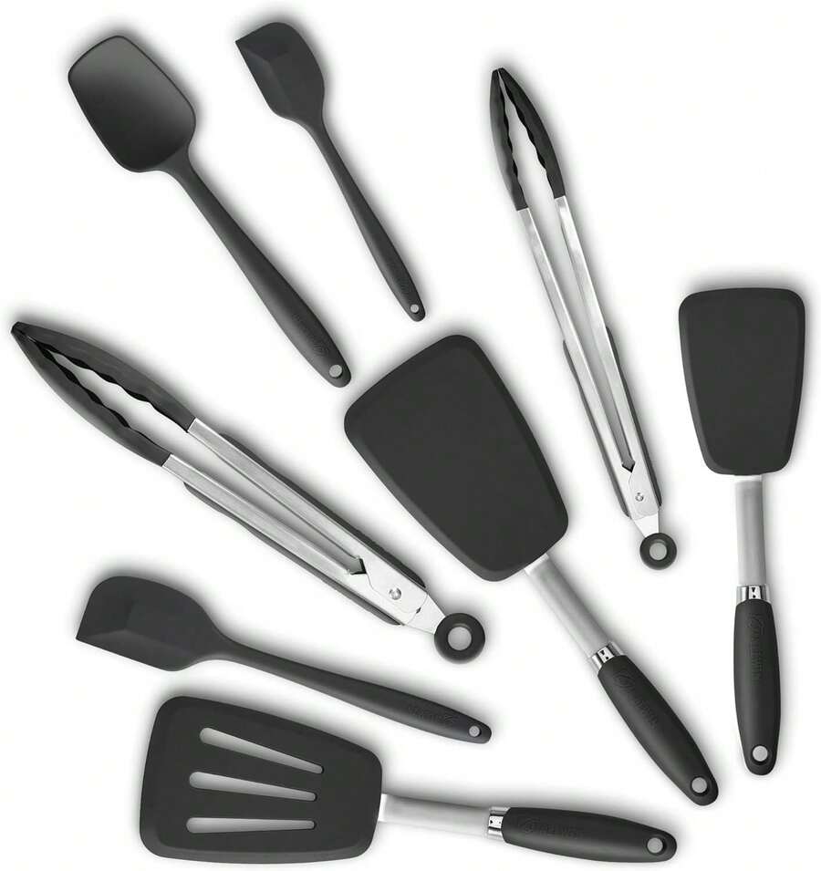 Juego de espátulas de silicona, volteadores, pinzas, utensilios de cocina, espátulas resistentes al calor para cocinar, mezclar, hornear, libres de BPA, seguros para lavavajillas, negro - Macaron azul - Ver 1